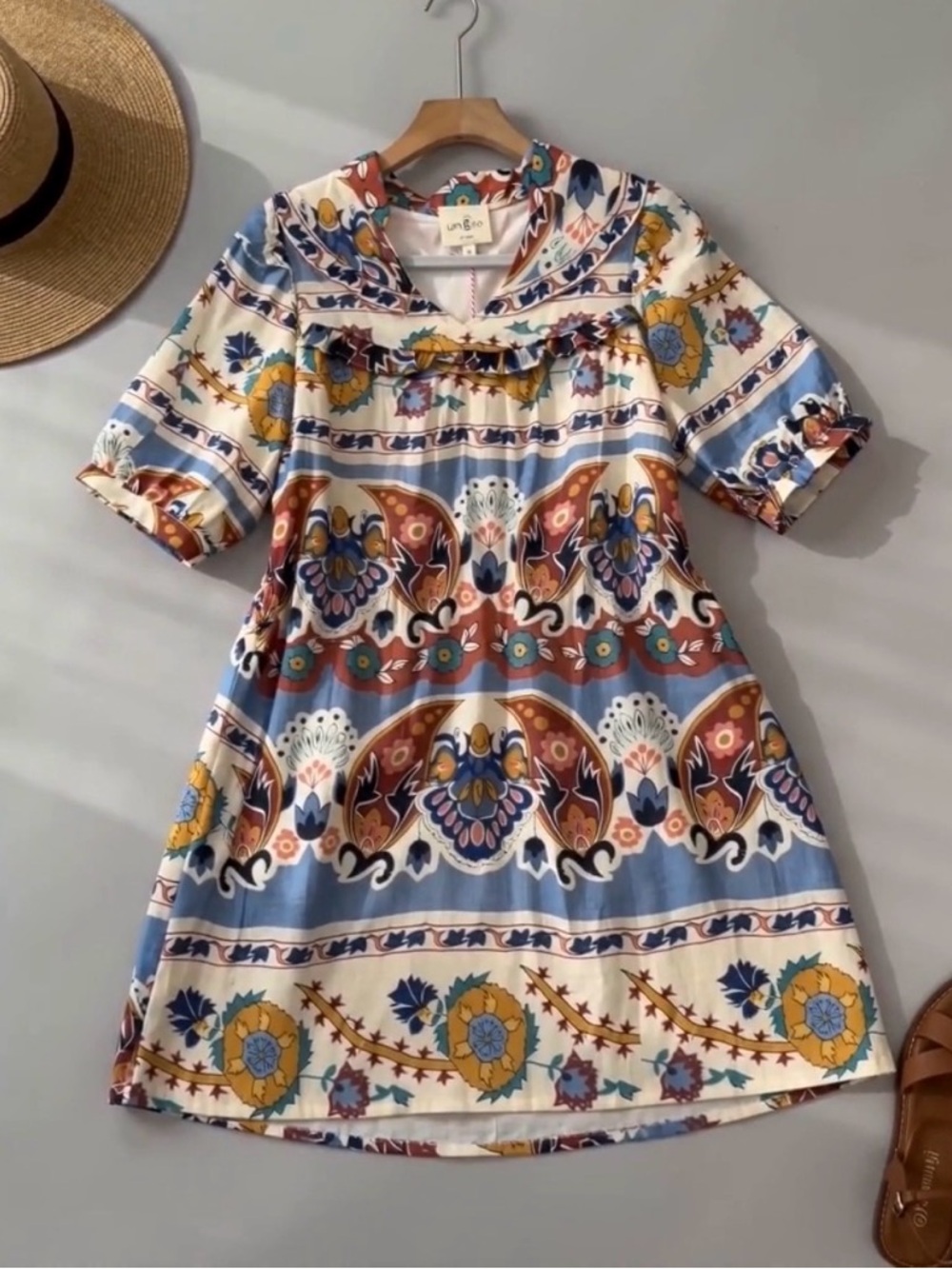 Umgee Multicolor Boho Floral Shift Dress in Blue, Cream & Terracotta
